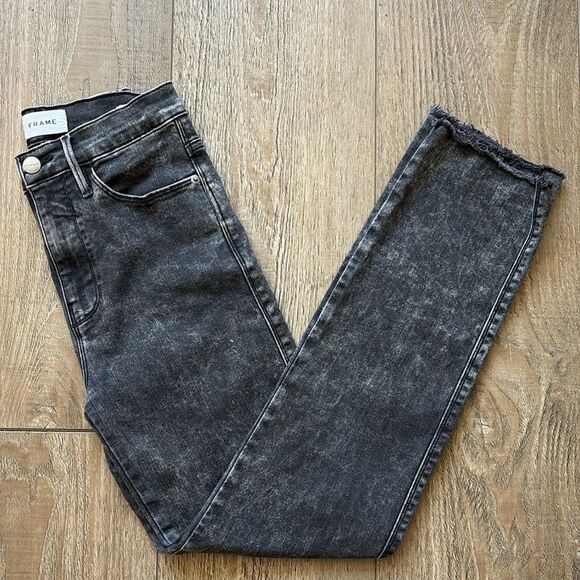Frame Denim Le Sylvie Slender Straight Leg High Rise Jeans in Acid Washed Black - Picture 1 of 7